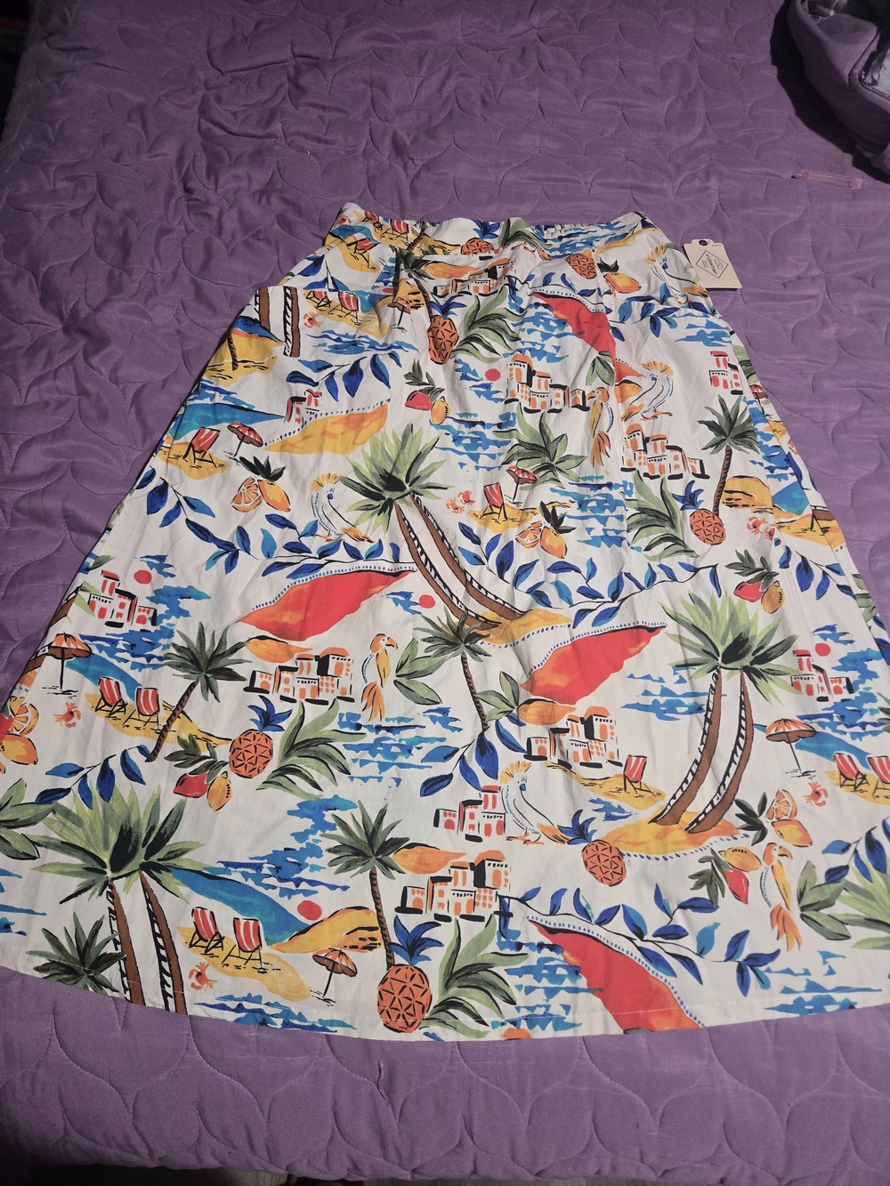 Tropical Print A-Line Women’s Skirt — White with Multicolor Scenic Print